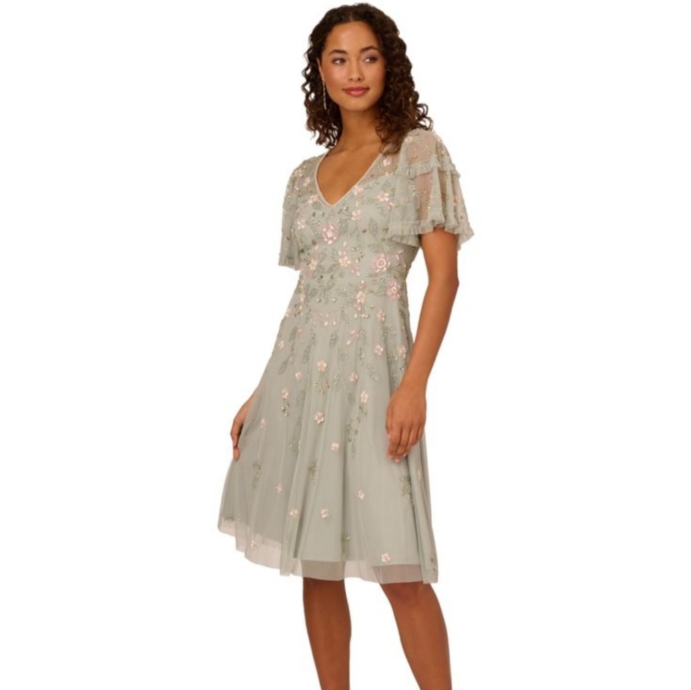 Adrianna Papell Green Sequin A-Line Midi Dress